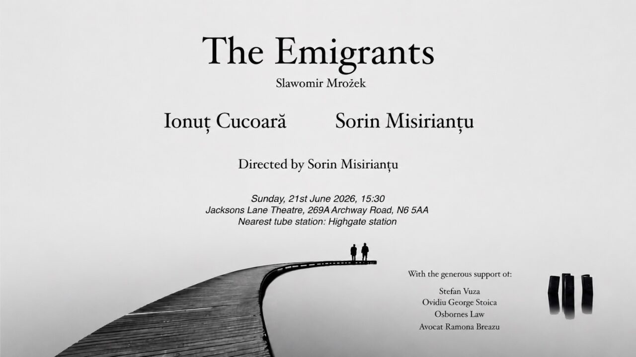 The Emigrants — a minimalist theatrical image of two silhouetted figures on a curved wooden pier